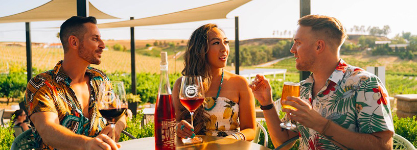 Three friends chat while drinking wine at a winery